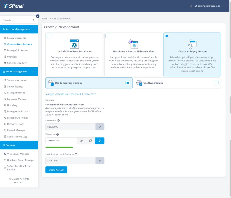 SPanel dashboard screenshot