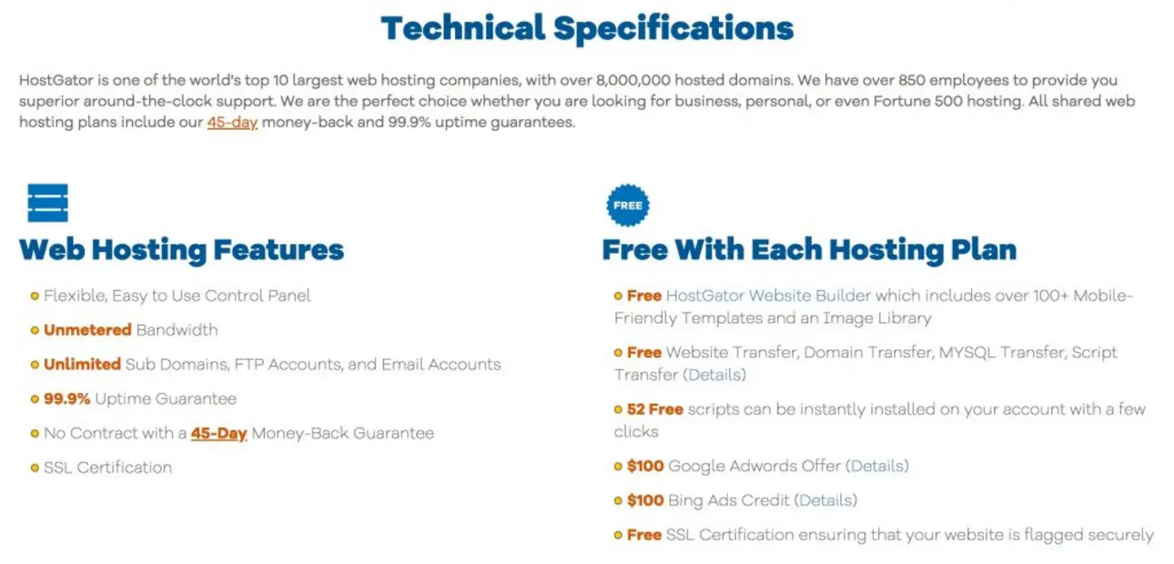 HostGator web hosting features diagram