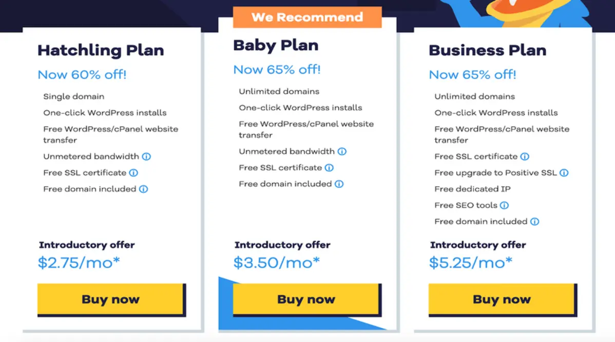 HostGator pricing table overview