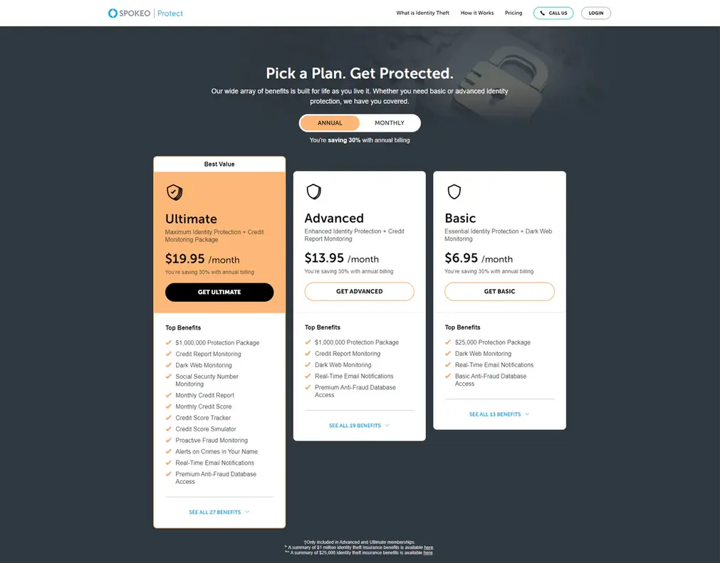 Spokeo pricing chart with features