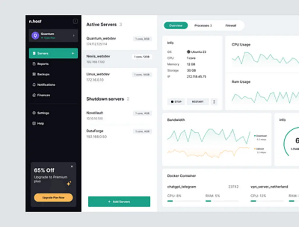 Colorful hosting dashboard interface