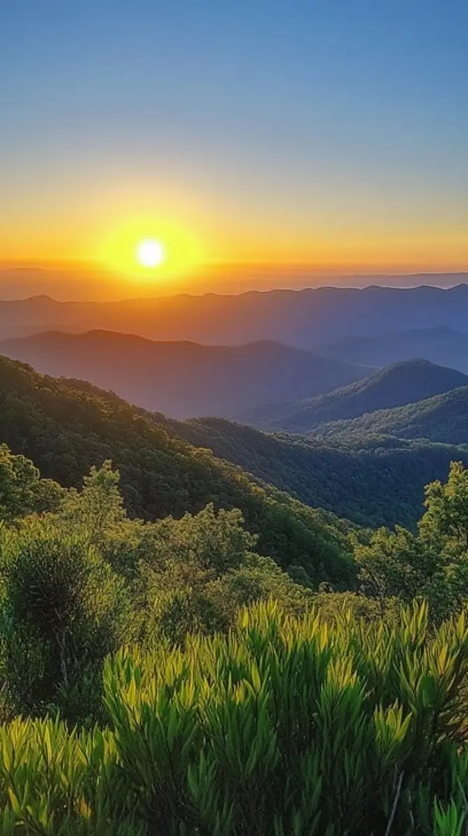 Emerging sunrise over futuristic mountain landscape